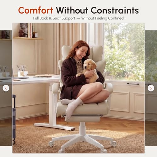 Dowinx Big and Tall Office Chair with Pocket Spring Cushion,High Back Computer Gaming Chairs with Linkage Armrests,Executive Desk Chairs with Footrest,PU Leather-White