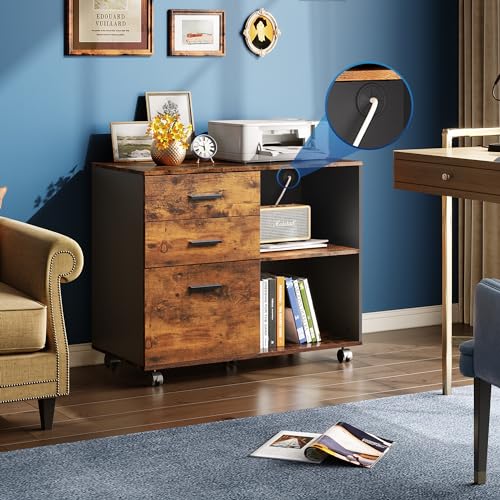 DEVAISE 3 Drawer Mobile File Cabinet, Wood Lateral Filing Cabinet, Printer Stand with Open Shelves for Home Office, Rustic Brown
