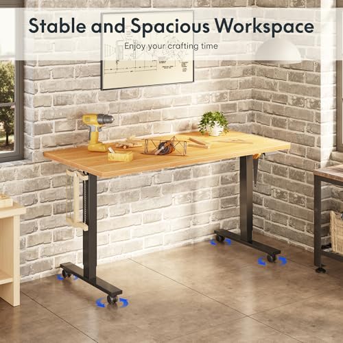 FLEXISPOT Electric Adjustable Workbench, 55x28 Inches Ergonomic Worktable with Drawer and Wheels for Garage, Workshop and Office, Spacious Desktop for Woodworking and Crafts, Maple, 4 Packages