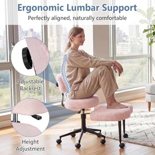 DUMOS Ergonomic ADHD Cross Legged Office Desk Chair with Adjustable Backrest, Height Adjustable Meditation Chair with 360° Swivel Footstool, Teddy Fabric Yoga Stool for Home Office, Pink