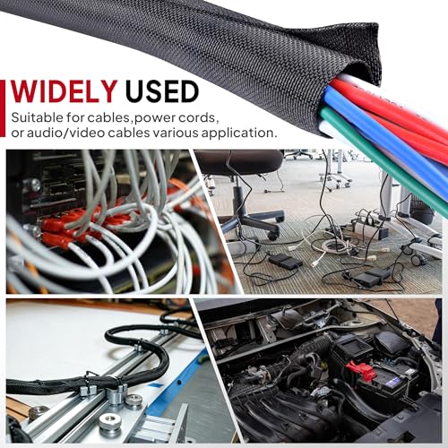 Black Braided Cable Management Sleeves Wire Loom Tubing Cord Protector Self-Wrapping (1/2"-30Feet)