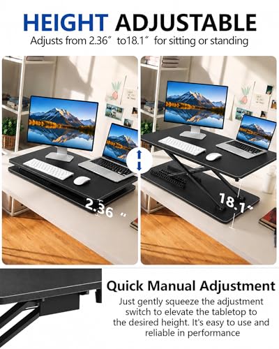 biueus Ultra-Slim Standing Desk Converter, 25.16" x 15.75" Compact Height Adjustable Desk Riser for Standing, Sit Stand Desktop Converter for Monitor or Laptop, No Assembly, Black