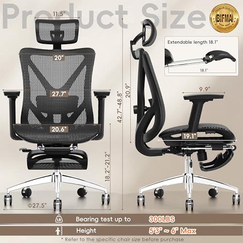 GABRYLLY Ergonomic Office Chair with Footrest, 135° Reclining Desk Chair with Adjustable Lumbar Support,3D Armrest,Headrest & Large Steel Base, 300LBS Heavy Duty Mesh Chair