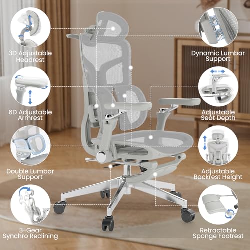 MOJAY Ergonomic Office Chair with Footrest, Big and Tall Desk Chair with Lumbar Support, High Back Home Desk Chair for Long Desk Work, Swivel Rolling Computer Seating with 6D Armrest for Home Office
