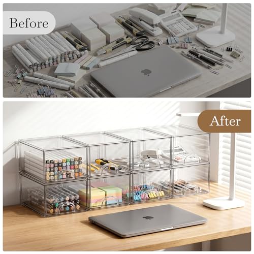 Zeawec 8 Pack Small Clear Stackable Acrylic Storage Boxes for Art Tool & Sketch, Storage Drawers, Storage Organizer, Clear Plastic Makeup Organizer, Ideal for Vanity, Cabinet, Desk Organization