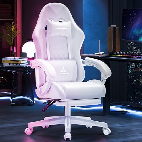 TUKAKA White Gaming Chair,Ergonomic Massage Computer Office Desk Chair with Footrest,Pocket Spring Cushion,Reclining Leather Adjustable Gamer Chair with Headrest and Lumbar Support,White