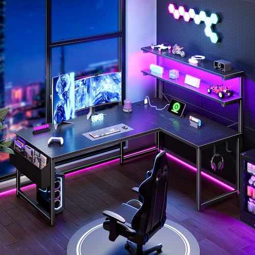 DurayLoly 53 Inch L Shaped Desk Gaming Desk with LED Light & 5 Power Outlet, Reversible Computer Desk with Shelf & Storage Bag Gamer Corner Desk with Headphone Hook for Gaming Room,Small Space,Black