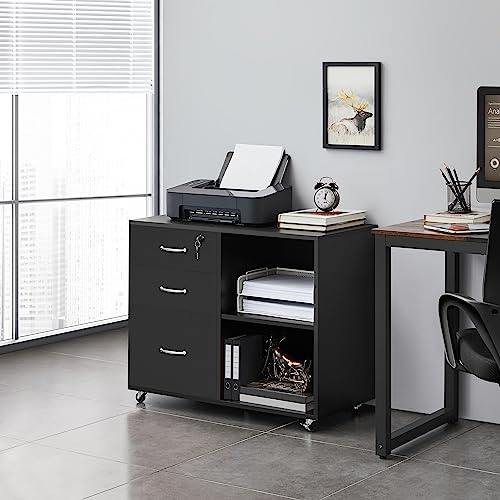 Yaheetech Black File Cabinet with Lock for Letter, A4 Size,3 Drawer Lateral Cabinet Printer Stand with Open Storage Compartments for Home Office, Black