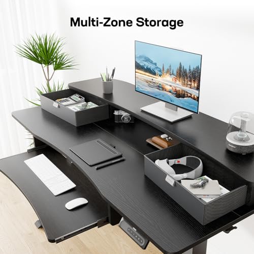 HUANUO 55" x 26" Electric Standing Desk with 2 Drawers & 26.7" Large Keyboard Tray, C-Clamp Mount Compatible, Adjustable Computer Desk for Home Office, Stand Up Desk with 4 Height Presets, Black