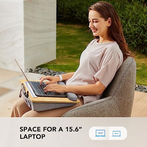 HUANUO Laptop Lap Desk - Portable Lap Desk with Pillow Cushion, Fits up to 15.6 inch Laptop, with Anti-Slip Strip & Storage Function for Home Office Students Use as Computer Laptop Stand - Light Wood