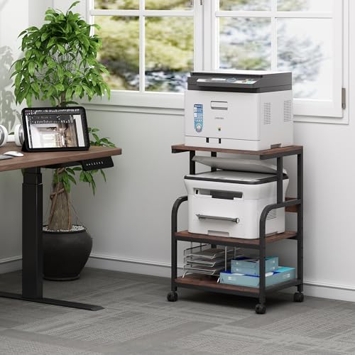 Fannova Printer Table Stand with Height Adjustable Shelf, 3 Tier Rolling Printer Cart with Wheels for Home Office Storage and Organization, Industrial Style