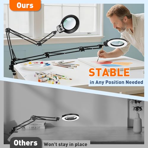 KIRKAS 12X Magnifying Glass with Light and Stand, Extra-Long Arm Magnifying Lamp Overhead Knob for Workbench Craft, Sewing, LED Lighted Magnifier Real Glass Lens Stepless Dimming and Color(35in Clamp)