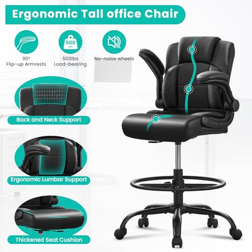 Drafting Chair, Tall Office Chair for Standing Desk, 500Lbs PU Leather Ergonomic Chair with 90 °Flip-up Armrests, Adjustable Foot Ring & Height, for Home, Drawing, or Counter Use(Black)