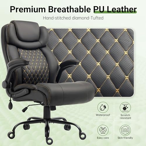 BLISNEST Office Chair, Big and Tall Executive Chairs with Lumbar Support for Back Pain, Breathable Desk Computer Chair with Adjustable Flip-up Armrests, Wide Cushion Swivel Home Office Chair Black PU