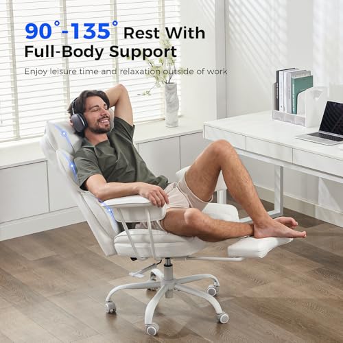 amseatec Big and Tall Office Desk Chair - Wide Ergonomic Executive with Footrest, High Back Lumbar Support Reclining Gaming Computer Chair for Heavy People (White)
