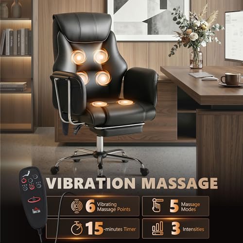 HOMCOM Massage Office Chair with 6-Point Vibration, 155° Recline & Retractable Footrest, PU Leather Executive Computer Desk Chair with Lumbar Support, Pocket Springs, Wheels for Home Office, Black