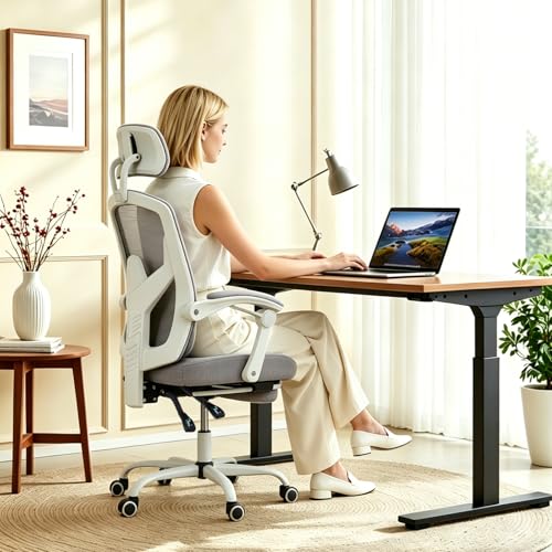HAPPYMONT Ergonomic Office Chair with Footrest, High Back Home Desk Chair with Lumbar Support & Headrest, 90-135° Reclining Mesh Back Computer Chair with Wheels for Work, Gaming, Grey