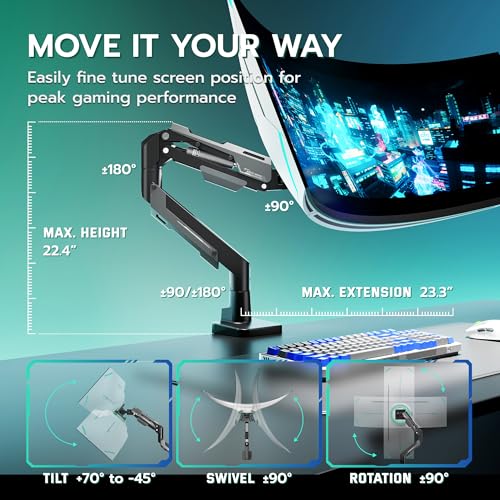 ARES WING Heavy Duty Single Monitor Arm - Gas Spring Aluminum Monitor Mount for 24"-57" Ultrawide Screens up to 66 lbs with Clamp/Grommet Desk Mount, 75/100/200 Vesa Mount, Black