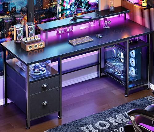 Furologee 51" Gaming Desk with Power Outlets & LED Lights, Reversible Computer Desk with File Cabinet & Monitor Stand for Home Office, Large Work Table with Storage Shelves & Drawer, Black