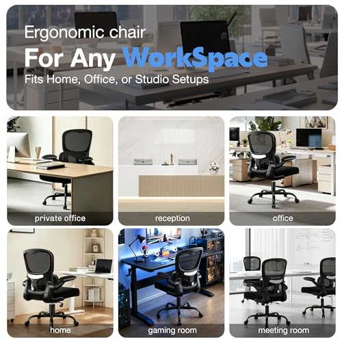 ALLGOD Ergonomic Office Chair, Breathable Mesh Ergonomic Desk Chair with Adjustable Lumbar Support, Flip-up Armrests, Computer Chairs Comfortable for Home, Office, Work, 300lbs, Black, Upgrade