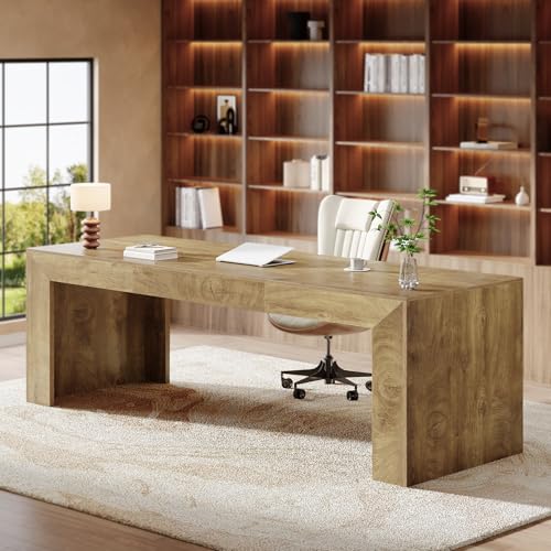 Tribesigns 78.7-Inch Long Computer Desk for 2 People, Farmhouse Executive Desk with Wooden Desktop and Legs, Large Workstations Writing Table Gaming Table for Home Office, Heavy Duty, Brown