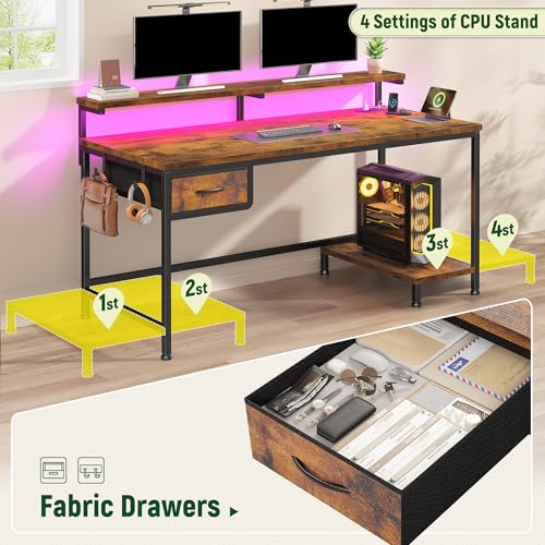DurayLoly 39.3Inch Office Desk with Power Outlet & Drawer, Gaming Desk with CPU Stand& LED Lights,Computer Desk with Ergonomic Monitor Stand for Small Space,Rustic Brown