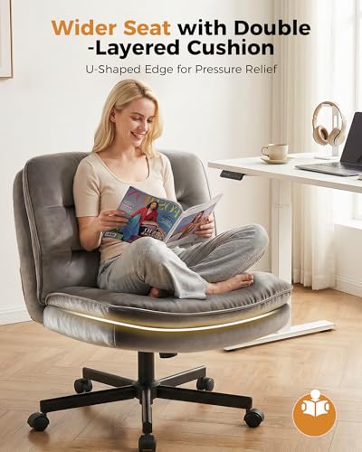 COMHOMA Criss Cross Office Chair with Wheels Armless Desk Chair Comfy, Modern Vanity Chair for Home Bedroom, Comfortable Wide Seat for Lower Back Pain Relief, Soft Velvet, Gray