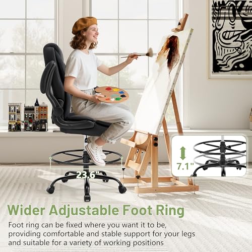 500LBS Drafting Chair, High Back Safer Standing Desk Chair, Executive Tall Office Chair with Flip-up Armrests, Upholstered PU Leather Task Chair, Ergonomic Seat with Adjustable Height&Foot Ring, Black