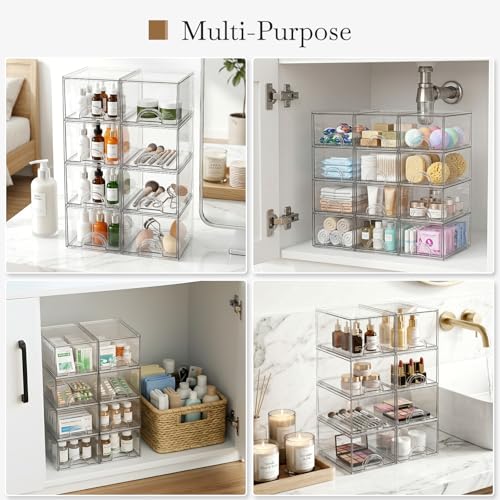 Zeawec 8 Pack Small Clear Stackable Acrylic Storage Boxes for Art Tool & Sketch, Storage Drawers, Storage Organizer, Clear Plastic Makeup Organizer, Ideal for Vanity, Cabinet, Desk Organization