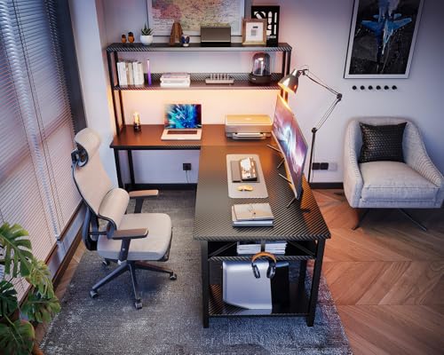 ODK 53" L Shaped Gaming Desk with Hutch & Headphone Hook, Corner Computer Table with Storage Shelves for Home Office, Black