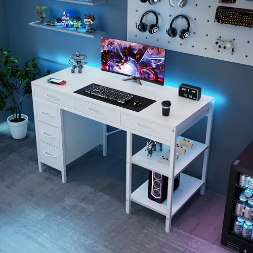 Sweetcrispy 47" Computer Desk with 6 Drawers, Home Office Gaming Desks with Storage Shelves for Bedroom, Writing Study Corner Living Room Work Table White