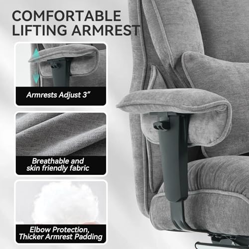 Efomao Executive Office Chair, Soft-Cushioned Computer Chair with Foot Rest, Fabric Home Office Desk Chairs, Big and Tall Office Chairs, Grey