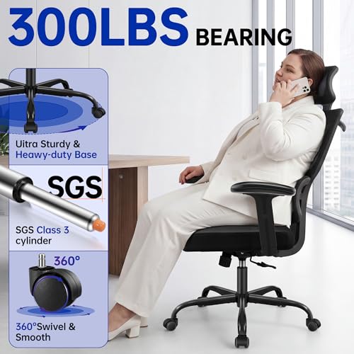 Hayelf Ergonomic Office Chair, High Back Mesh Computer Chair with Comfortable Adaptive Lumbar Support, Built-in Coat Hanger, SGS Class 4 Gas Lift, Heavy Duty 300lbs for Long Hours Home Office, Black