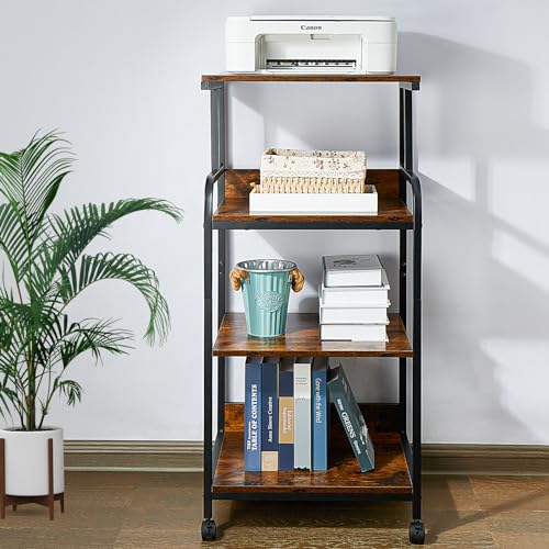 jarrvz 4-Tier Printer Stand with Adjustable Shelves and Wheels, Tall Printer Table with Storage for Home Office, Rolling Printer Cart for Small Spaces, Rustic Brown
