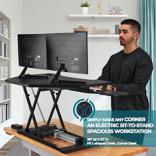 VERSADESK PowerPro 36" Corner Standing Desk Converter, 36 Inch Motorized Height-Adjustable Standup Desk Riser Sit to Stand Desktop with Keyboard and Mouse Tray + USB Charging Port, Black
