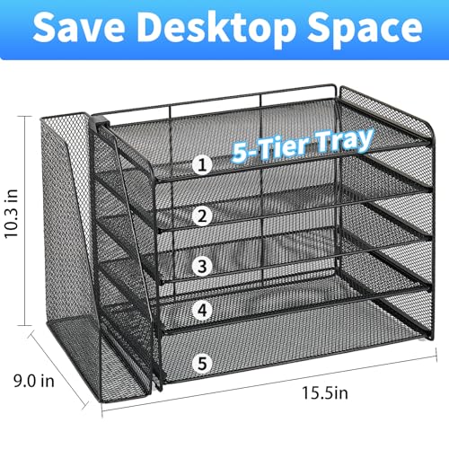 OPNICE Desk Organizers and Accessories, 5-Tier Paper Organizer Letter Tray with Magazine Holder, Office Desk Accessories & Workspace Organizers, Desktop File Organizer for Office Supplies, Black