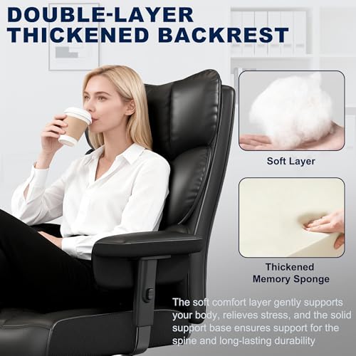 Misolant Big and Tall Office Chair with Footrest, High Back Executive Desk Chair with Adjustable Lift Armrest, 155°Recline，Lumbar Support Pillow, Faux Leather Gaming Chairs for Home or Office Black