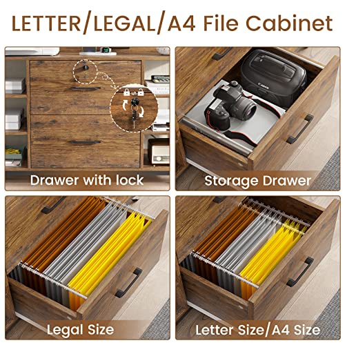 SEDETA 44" File Cabinet, Filing Cabinet fits Legal/Letter Size, 2 Drawer File Cabinets for Home Office with Lock, Power Strip, 6 Storage Shelves, Rustic Brown