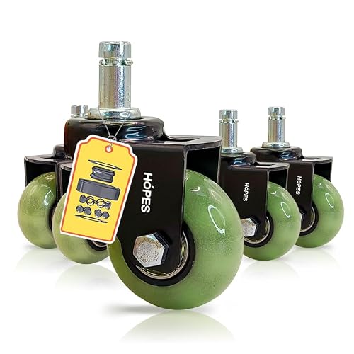 HOPES Office Chair Wheels Replacement Set of 5 – Heavy Duty Rubber Casters, Smooth & Quiet Rolling for Hardwood Floors and Carpet, Universal Stem, No Floor Mat Needed (Glow Green, 2inch-660lbs)