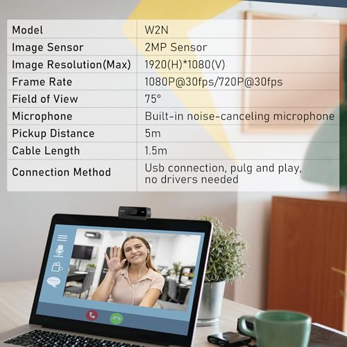 VIZOLINK 1080P Webcam with Built-in Microphone, W2N Web Cam, Privacy Cover, 75° FOV, Noise Cancellation, Plug & Play Web Camera for Computer, USB Webcam for Pc, Laptop, Desktop, Mac