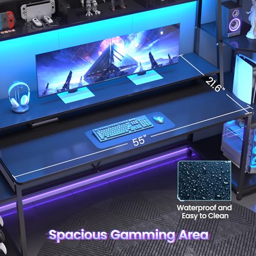 SEDETA Gaming Desk 78.8'' with LED Lights, Hutch and Storage Shelves, Computer Desk with Monitor Stand, Large PC Gamer Desk Workstation, Ergonomic Gaming Table for Bedroom, Living Room, Black
