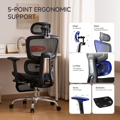 LarkLeaves Office Chair with Footrest, Ergonomic Chair with 3D Headrest, Computer Chair with Adjustable Backrest & 3D Armrest, Gaming Chair with Adaptive Lumbar Support, Mesh Backrest & Cushion, Black