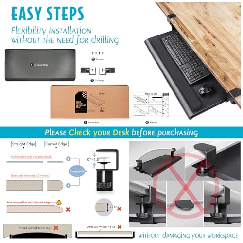 EHO Large Ergonomic C-Clamp Keyboard Tray Mount Under Desk with Wrist Rest, Slide-Out Platform 27.5" (31.8" Including Clamps) x 12.5", Pull Out Keyboard & Mouse Tray for Home or Office, Black