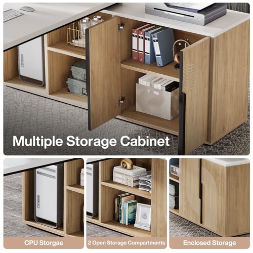 Tribesigns 74.8 Inch Executive Desk, Large Office Desk with Cabinet, L Shaped Computer Desk with Shelves and CPU Storage, Modern Home Office Desks Business Furniture Workstation Set, White and Wood