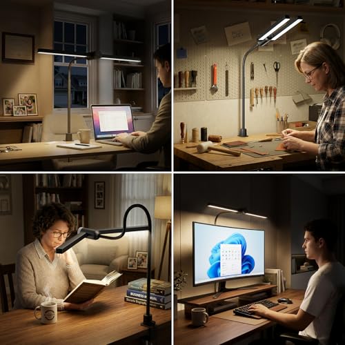 Honeywell Led Desk Lamp with Clamp - HJ4 Sunturalux™, Flexible Dual‑Head Clip‑On Gooseneck Desk Lamps for Home Office, 4 Color Temperature Modes, Stepless Dimming Eye Caring Computer Light, Black