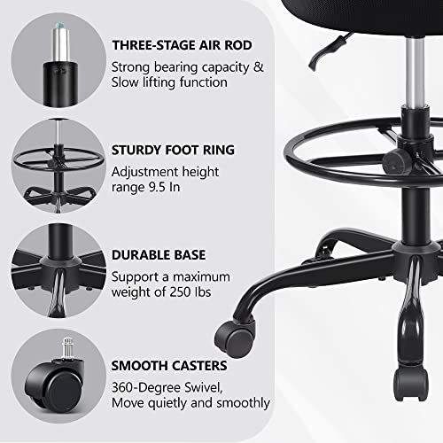 Primy Tall Drafting Desk Chair - Armless, Adjustable Height, Mesh Back, Rolling, Standing Desk Chair for Art Room, Office or Home (Black)