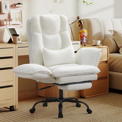 Office Chair,Big and Tall Heavy-Duty Executive Reclining Computer Gaming Chair with Footrest,Flip Armrests,Lumbar Pillow&Thicken Wider Seat for Criss Cross Legged Desk Vanity Chair,Teddy Fabric White