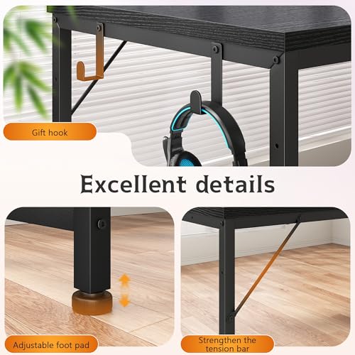 56 Inch Gaming Desk with Printer Shelf and LED Lights,Reversible Computer Desk with Drawers and Power Outlets,Study Table with Hooks for Headphone,Bags,Black Desk Work Desk for Teen Bedroom,Dorm