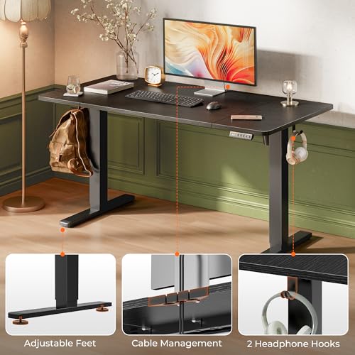 Huuger 55 x 28 Large Electric Standing Desk, Height Adjustable Computer Desk, 27.6" Deep Desktop, Stand up Gaming Office Table with 2 Hooks, 3 Preset Heights, for Home Office, Black