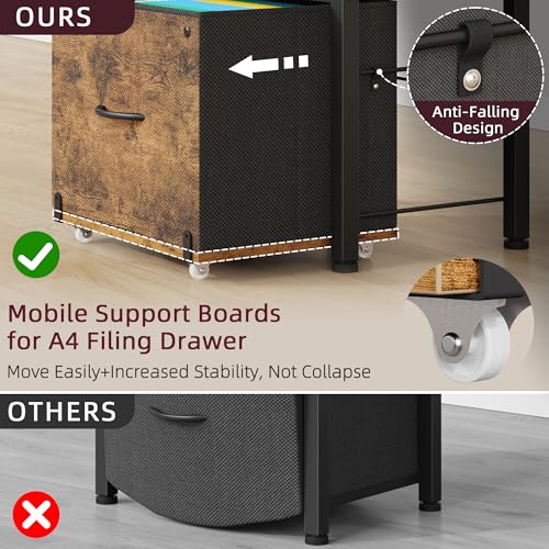 HIGDBFE File Cabinet with 2-Tier Shelf, Letter Size Drawer Filing Cabinet with Reversible Side Bag, Vertical Office Cabinet Printer Stand with Storage for Home Office, Rustic Brown, 16.5" W